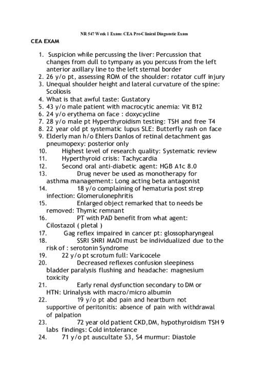 NR 547 Week 1 Exam; CEA Pre-Clinical Diagnostic Exam
