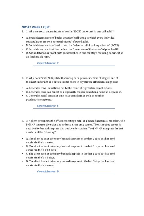 NR 547 Week 1 Quiz; SDOH & Psychiatric Diagnosis Answers