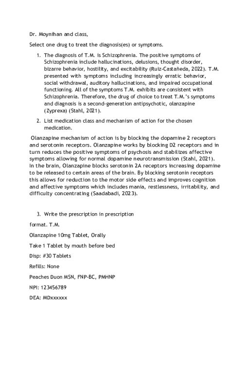 NR 547 Week 3 Collaboration Cafe; Treatment of Schizophrenia with Olanzapine