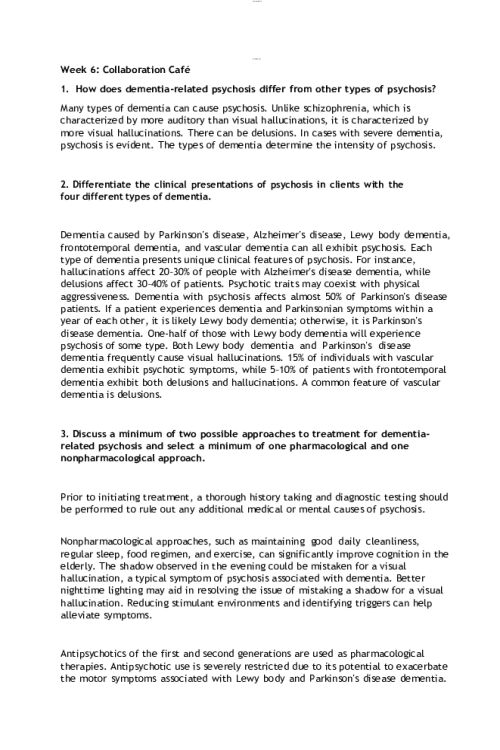 NR 547 Week 6 Collaboration Cafe; Dementia-Related Psychosis and Treatment Strategies..