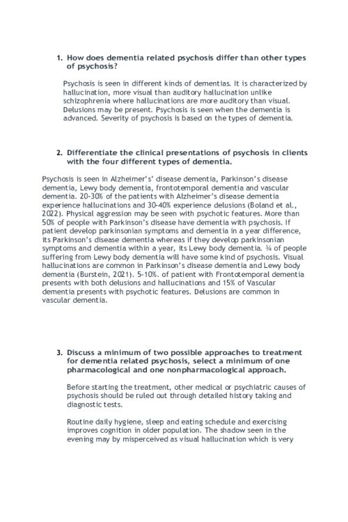 NR 547 Week 6 Collaboration Cafe; Understanding and Managing Psychosis in Dementia; Treatment