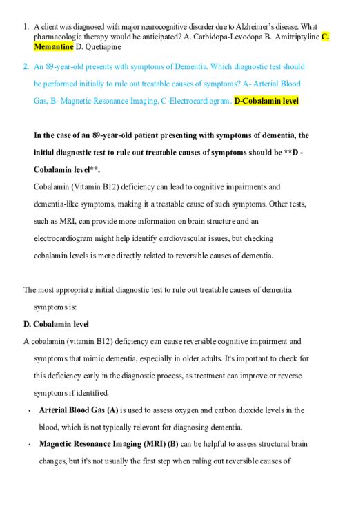 NR 547 Week 8 Final Exam - Practice Questions on Neurocognitive Disorders