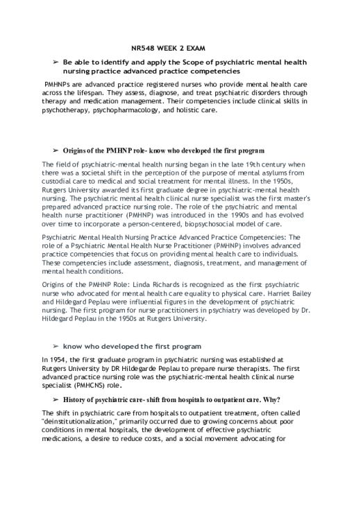 NR 548 Week 2 Exam 1 - PRACTICE QUESTIONS & PMHNP Role Insights