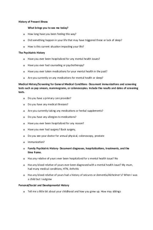 NR 548 Week 4 History of Present Illness - Interview Questions