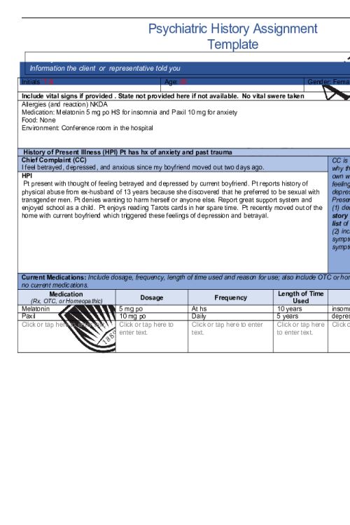 NR 548 Week 4 Psychiatric History Assignment Template (Initials; T.S)