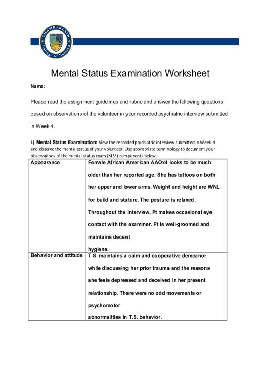 NR 548 Week 5 Exam; Mental Status Examination Worksheet