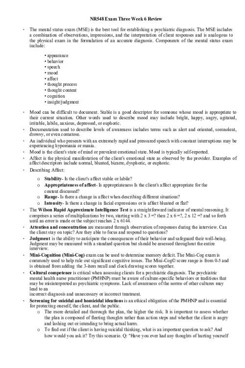 NR 548 Week 6 Exam Review; Mental Status Exam