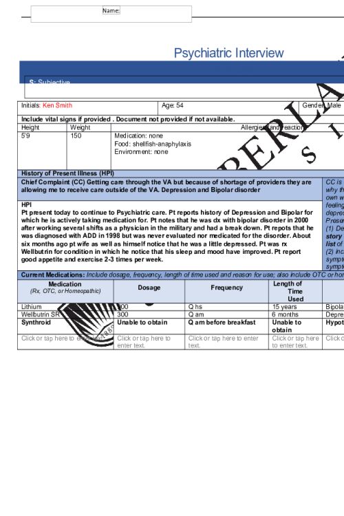 NR 548 Week 6 Psychiatric Interview Documentation Assignment Template (Initials; Ken Smith)