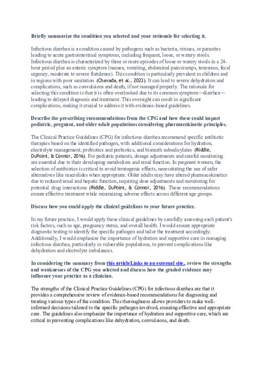 NR 565 Week 1 Collaboration Cafe; CPGs Related to Prescribing Medication - Infectious Diarrhea