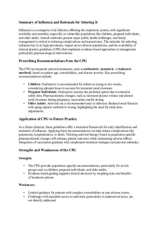 NR 565 Week 1 Collaboration Cafe; CPGs Related to Prescribing Medication - Influenza