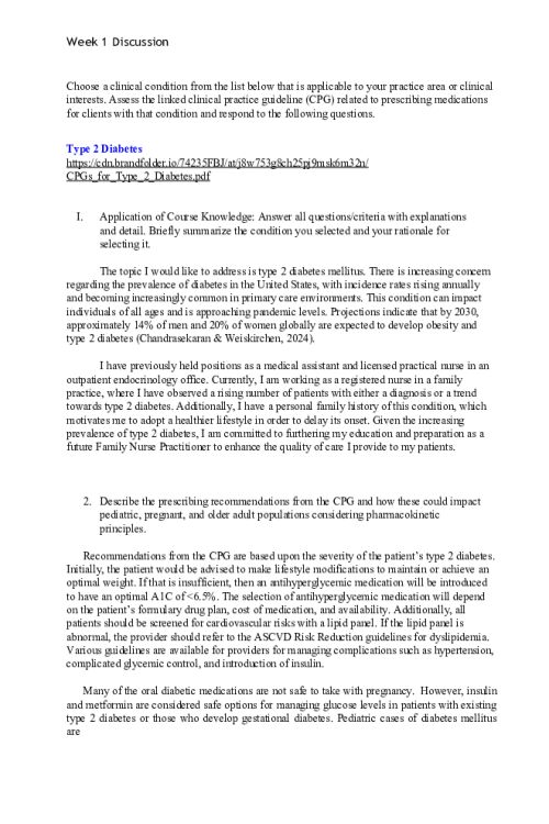 NR 565 Week 1 Collaboration Cafe; CPGs Related to Prescribing Medication - Type 2 Diabetes Mellitus (T2DM).