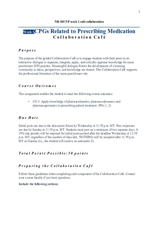 NR 565 Week 1 Collaboration Cafe; CPGs Related to Prescribing Medication - Type 2 Diabetes Mellitus (T2DM)