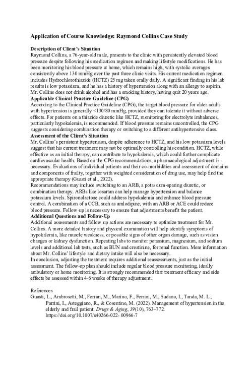 NR 565 Week 2 Discussion; CPGs for Hypertension in Cardiac Patients - Raymond Collins