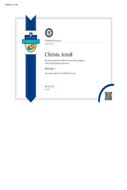 NR 565 Week 3 DEA Badge Quiz - Successful Completion of the DEA Part 1 Quiz