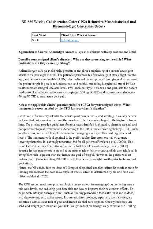 NR 565 Week 4 Cafe Collaboration; Muskuloskeltal and Rheumatologic Conditions - Roland Berger.