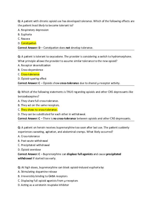 NR 565 Week 4 Midterm Review Using Test Bank; Opioid Pharmacology and Related Concepts
