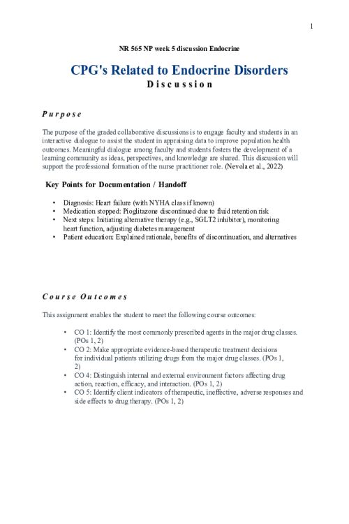 NR 565 Week 5 Discussion; CPGs Related to Endocrine Disorders - Lena Dziedzic