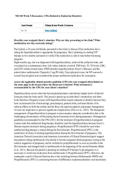 NR 565 Week 5 Discussion; CPGs Related to Endocrine Disorders - Pua Leilani