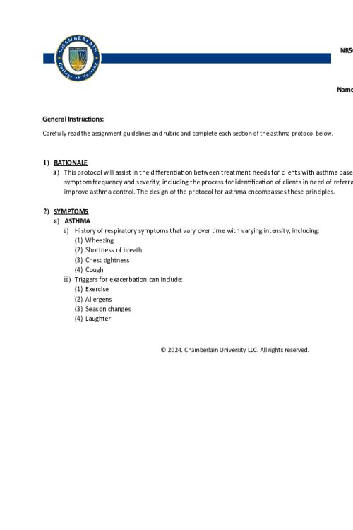 NR 565 Week 6 Respiratory Protocol Assignment; Asthma Protocol...