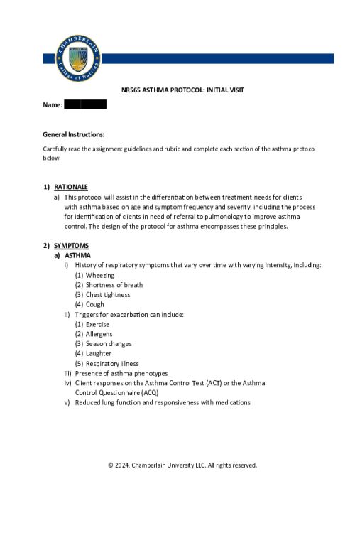 NR 565 Week 6 Respiratory Protocol Assignment; Asthma Protocol....