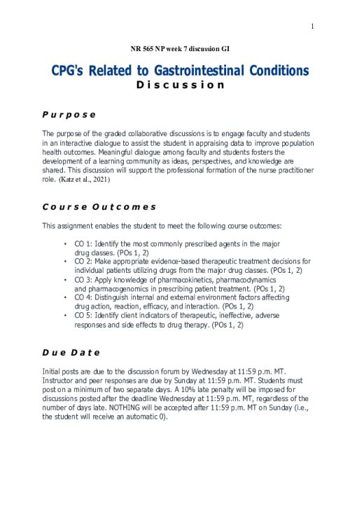 NR 565 Week 7 Discussion; CPG's Related to Gastrointestinal Conditions - Atohi Ishtasapa