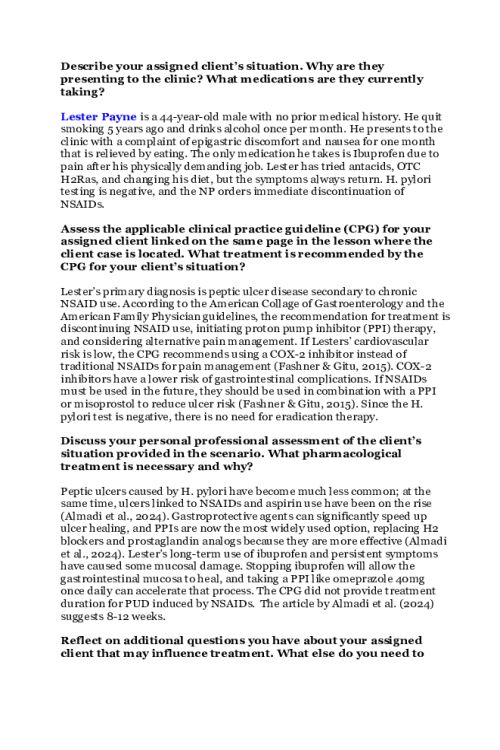 NR 565 Week 7 Discussion; CPG's Related to Gastrointestinal Conditions - Lester Payne