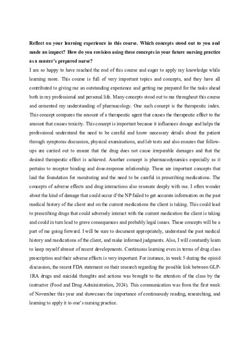 NR 565 Week 8 Collaboration Cafe; Reflection on Nursing Concepts and Practice