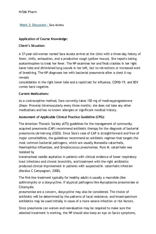 NR 566 Week 2 Discussion; CPGs Related to Bacterial Infections - Sara Acosta