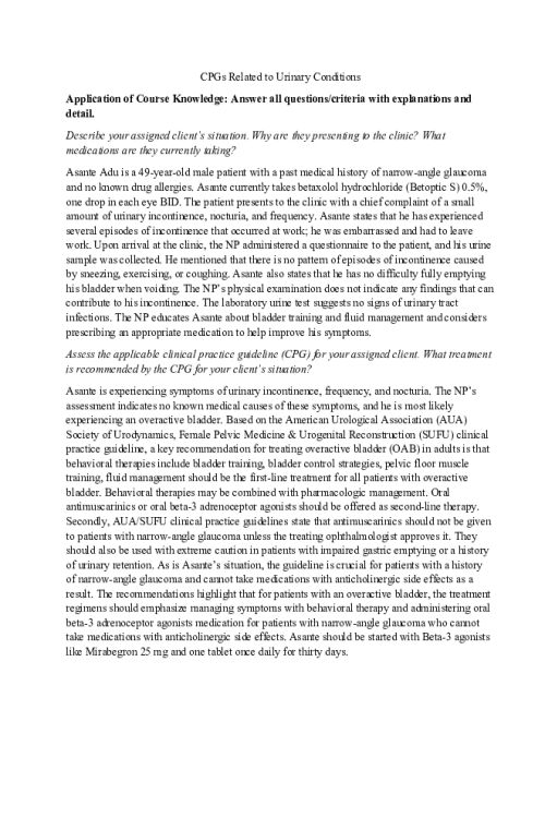 NR 566 Week 4 Collaboration Cafe; CPGs Related to Urinary Conditions - Asante Adu