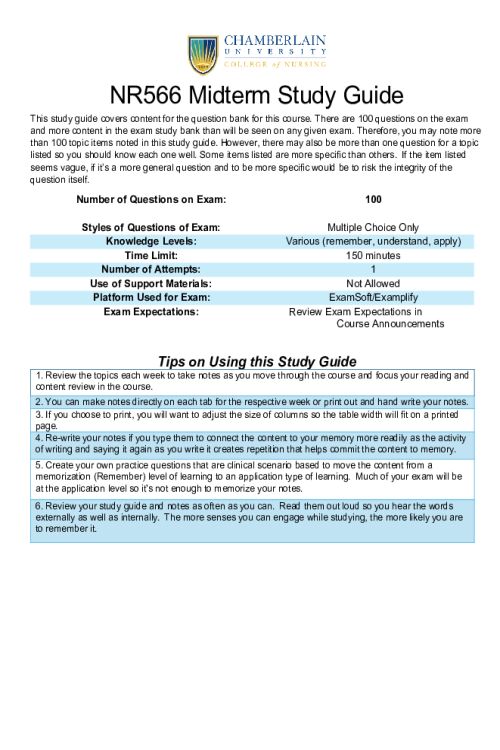 NR 566 Week 4 Midterm Essential Content Review for Success (FY25)