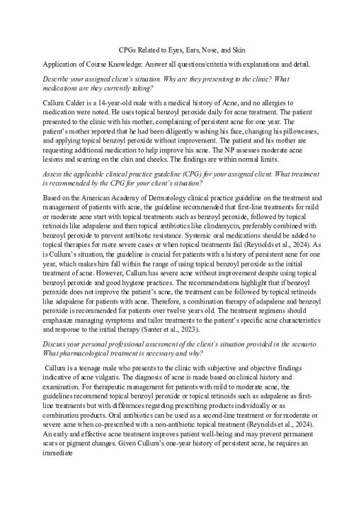 NR 566 Week 5 Discussion; CPGs Related to Eyes, Ears, Nose, and Skin - Callum Calder