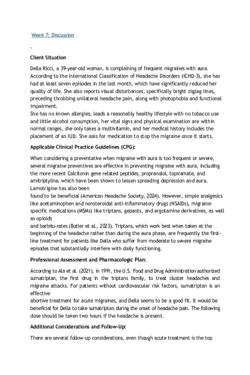 NR 566 Week 7 Discussion; CPGs Related to Neurological Disorders - Della Ricci