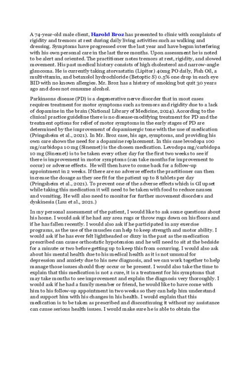 NR 566 Week 7 Discussion; CPGs Related to Neurological Disorders - Harold Broz