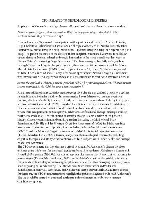 NR 566 Week 7 Discussion; CPGs Related to Neurological Disorders - Neisha Jones