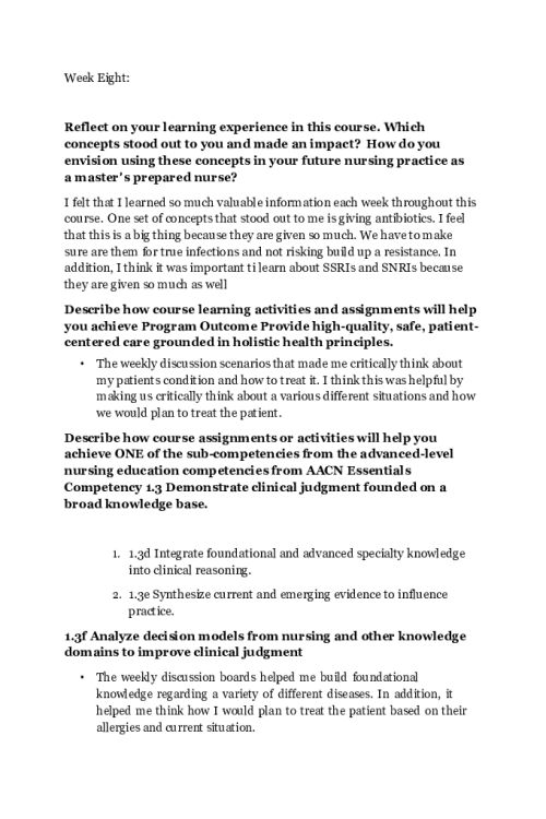 NR 566 Week 8 Discussion; Reflection on Learning