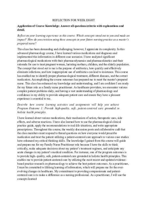 NR 566 Week 8 Discussion; Reflection on Learning; Advanced Pharmacology Insights for Nursing Practice