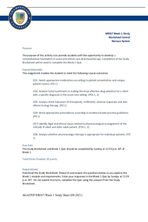 NR 567 Week 1 Study Worksheet; Central Nervous System - All Correct Answers