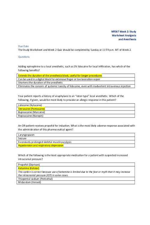 NR 567 Week 2 Study Worksheet; Analgesia and Anesthesia - All Correct Answers.