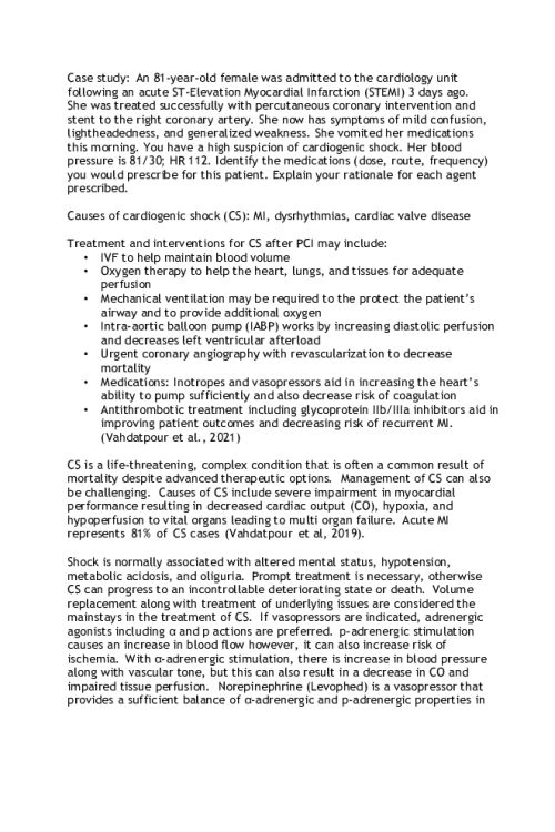 NR 567 Week 3 Case Study; Managing Cardiogenic Shock Post-STEMI