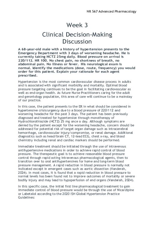 NR 567 Week 3 Clinical Decision-Making Discussion; A 68-year-old male