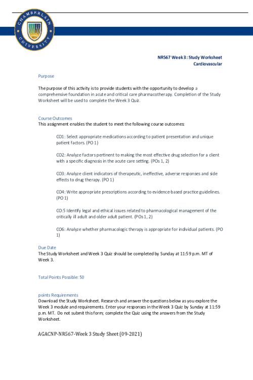 NR 567 Week 3 Study Worksheet; Cardiovascular - All Correct Answers