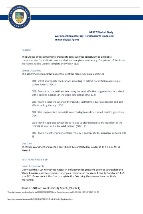NR 567 Week 4 Study Worksheet; Chemotherapy, Hematopoietic Drugs, and Immunological Agents