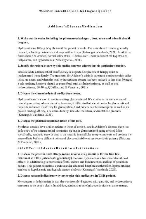 NR 567 Week 5 Clinical Decision Making Assignment; Addison s Disease Medication
