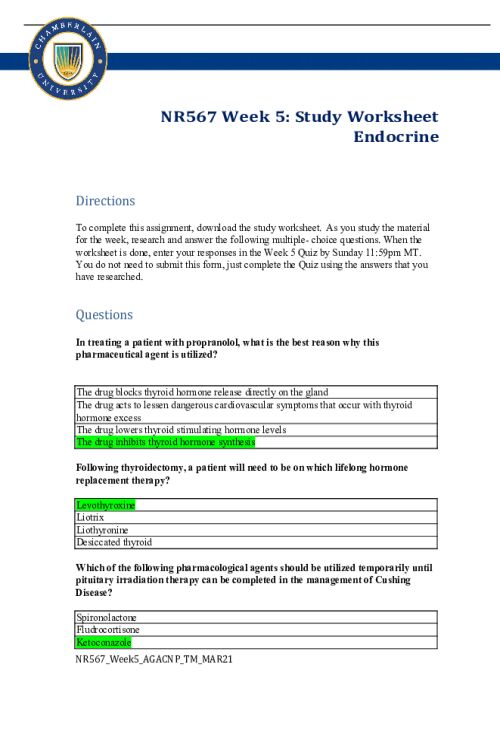 NR 567 Week 5 Study Worksheet; Endocrine - All Correct Answers