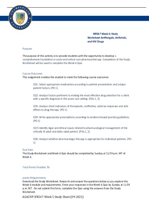 NR 567 Week 6 Study Worksheet; Antifungals, Antivirals, and HIV Drugs.