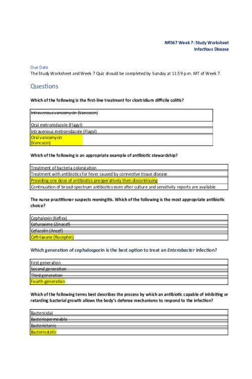 NR 567 Week 7 Study Worksheet; Infectious Disease - All Correct Answers.