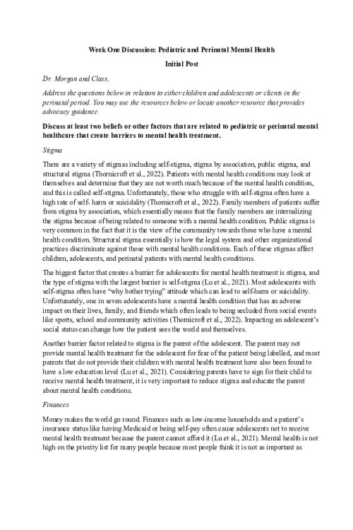NR 606 Week 1 Discussion; Pediatric and Perinatal Mental Health..
