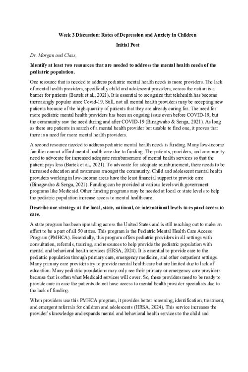 NR 606 Week 3 Discussion; Rates of Depression and Anxiety in Children...