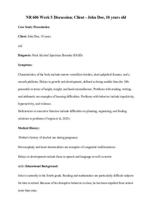 NR 606 Week 5 Discussion; Case Study - Fetal Alcohol Spectrum Disorder (FASD).