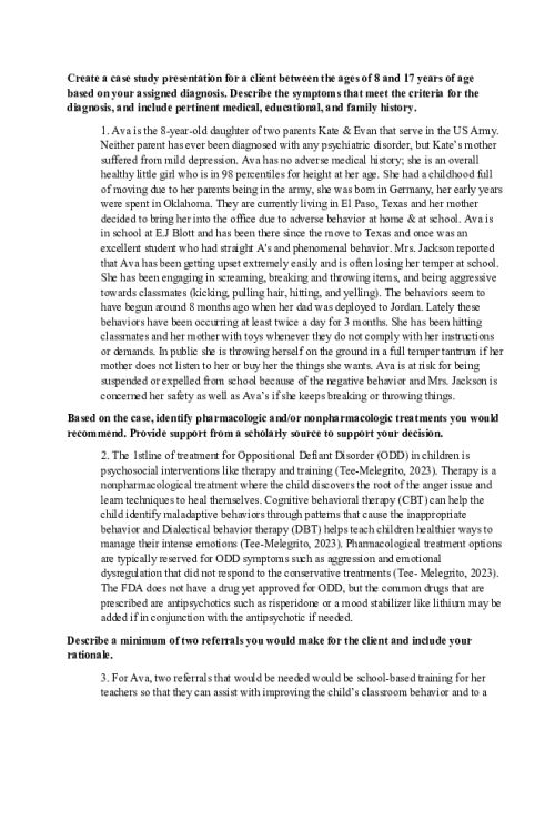 NR 606 Week 5 Discussion; Case Study - Oppositional Defiant Disorder (ODD)